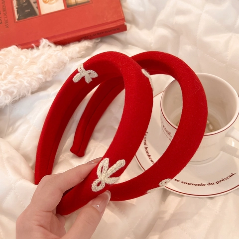 Rode Strik Hoofdband Voor Dames Hoge Craniale Top Verdikte Spons Haarrand Zoet Mode Stof Hoofdband Haaraccessoires Voor Dagelijks