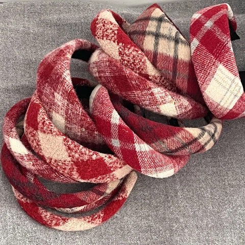 Women Red Plaid Plush Headband For Christmas New Year Thickened Padded High Top Sponge Hair Band Korean Sweet Fashion Hair Accessories