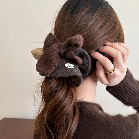 Autumn Winter Knitted Bow Scrunchie For Women Striped Large Intestine Hair Tie Vintage Hair Accessories For Ponytail