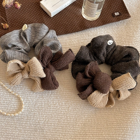 Autumn Winter Knitted Bow Scrunchie For Women Striped Large Intestine Hair Tie Vintage Hair Accessories For Ponytail