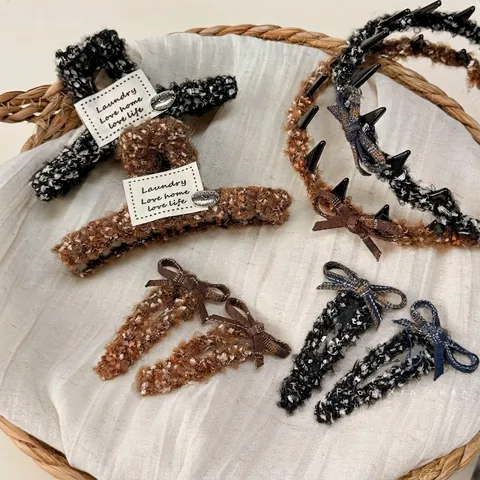 Herbst Winter Tweed Schleife Haarschmuck Set Plüsch Stoff Haarkralle Rutschfest Stirnband Snap Clips Für Damen