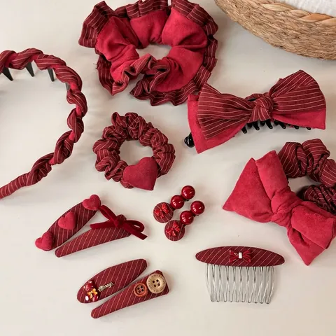 Fermagli per Capelli Vintage Rosso con Fiocco in Tessuto a Righe Velluto Scrunchies Cuore Orso Decorativo Capodanno