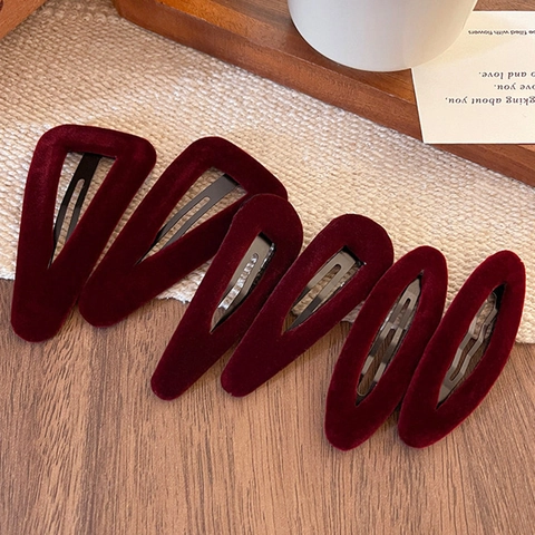 Retro Wine Red Velvet Hair Clips Handmade Elegant Teardrop Oval Triangle Snap Clips For Women New Year Hair Accessories