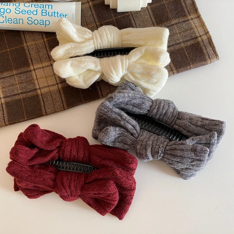 Gestrickte Schleife Bananenspange Koreanischer Süßer Vintage Vertikaler Haarslip Winter Haarkralle Damen Haarschmuck