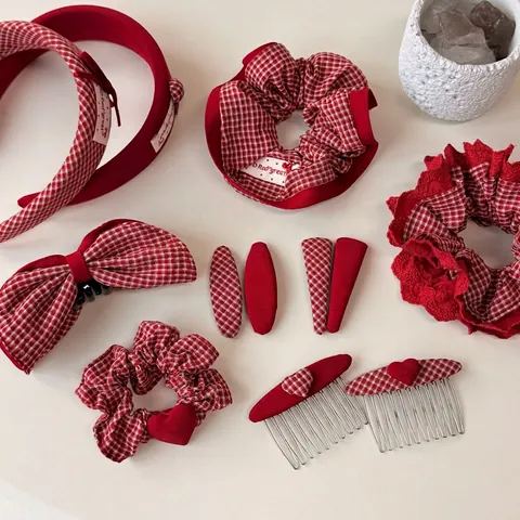 Accessoires Cheveux à Carreaux Rouges Style Coréen pour Enfants Nœud Papillon Cœur Cerise Pinces à Cheveux Serre-têtes Chouchous Bijoux