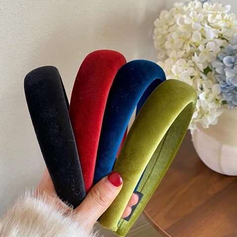 Diadema de Terciopelo Acolchada Vintage para Mujer Color Sólido Esponja Gruesa Banda para el Cabello Moda Estilo Coreano Hecho a Mano
