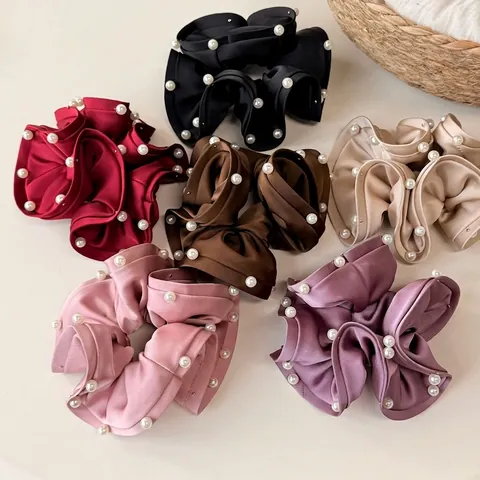 Korean Style Satin Scrunchie Large Hair Tie with Artificial Pearl Beaded Ruffle Trim Elegant Hair Accessories for Women Daily Use