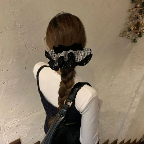 Fermaglio per Capelli Coreano Vintage in Velluto con Fiocco Donna Plaid Pois Multistrato Volant Molla Elegante Accessori