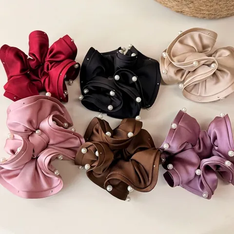 Korean Style Satin Scrunchie Large Hair Tie with Artificial Pearl Beaded Ruffle Trim Elegant Hair Accessories for Women Daily Use
