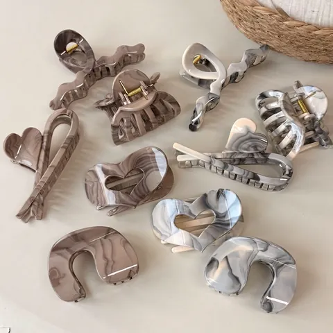 Pinza per Capelli Vintage Motivo Marmo Geometrico Resina Clip Squalo Design a Cuore Copricapo Elegante per Donna Uso Quotidiano