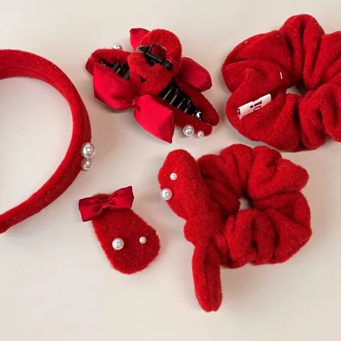 Red Plush Festive Bow Hair Accessories For Women Artificial Pearl Sweet Fairy Style Handmade Scrunchie Headband Hair Clip