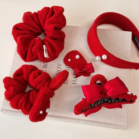 Red Plush Festive Bow Hair Accessories For Women Artificial Pearl Sweet Fairy Style Handmade Scrunchie Headband Hair Clip