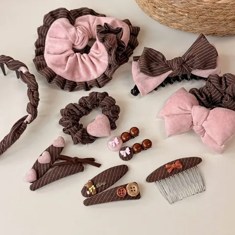 Barrettes à Cheveux à Nœud Rayé de Style Coréen Élégants Chouchous en Tissu Coeur Ours Serre-Tête Vintage pour Femmes Accessoires Cheveux Doux
