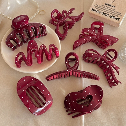 Vintage Borgogna Rosso A Pois Pinza per Capelli Grande Plastica Shark Forcine per Donna Ragazze Stile Francese Accessori Styling