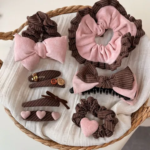 Barrettes à Cheveux à Nœud Rayé de Style Coréen Élégants Chouchous en Tissu Coeur Ours Serre-Tête Vintage pour Femmes Accessoires Cheveux Doux