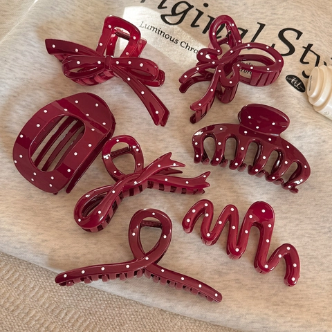 Vintage Borgogna Rosso A Pois Pinza per Capelli Grande Plastica Shark Forcine per Donna Ragazze Stile Francese Accessori Styling