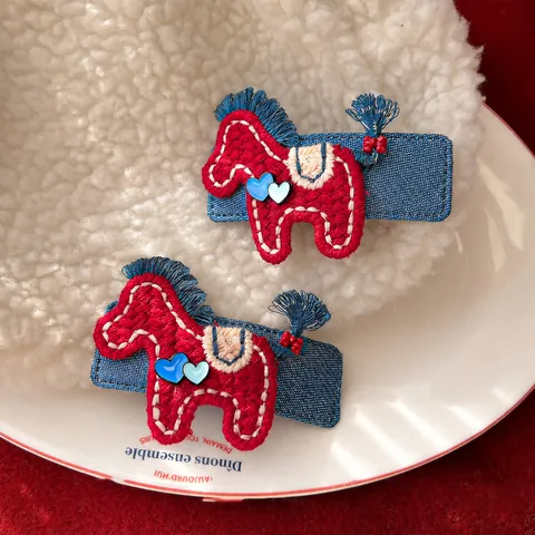 Pince à Cheveux Broderie Cheval Rouge Dessin Animé pour Filles Pince BB Poney en Denim Fait à la Main Accessoires Cheveux