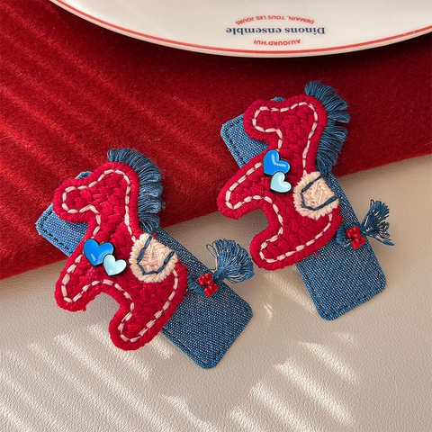 Cute Cartoon Red Horse Embroidery Hair Clip For Girls Handmade Denim Pony BB Clip Animal Fashion Hairpin Hair Accessories