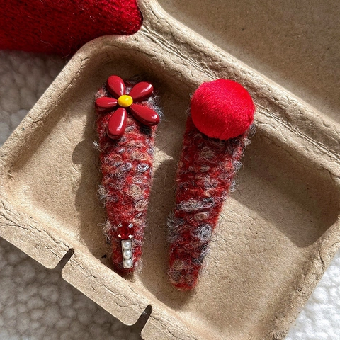 Orecchini a Fermaglio per Capelli Donna Rosso Maglia Peluche Fiore Dolce Vintage BB Clip Con Perle Artificiali Strass Accessori Capelli