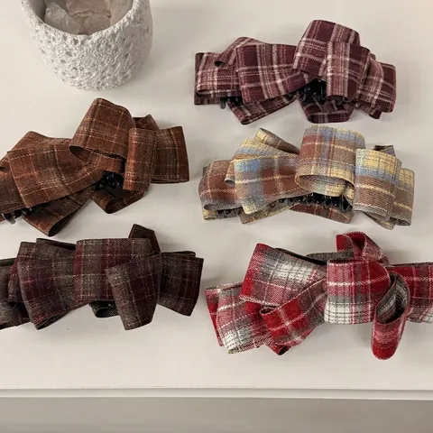Vintage Plaid Fabric Bow Hair Clip Elegant Handmade Banana Clip For Women Back Of Head Ponytail Hair Accessories