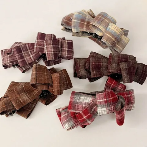 Vintage Plaid Fabric Bow Hair Clip Elegant Handmade Banana Clip For Women Back Of Head Ponytail Hair Accessories