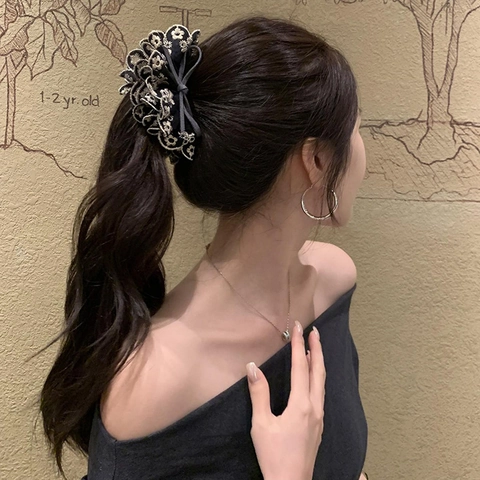 Vintage Floral Embroidered Lace Bow Banana Hair Clip Korean Style Fabric Bowknot Ponytail Holder Accessory For Women