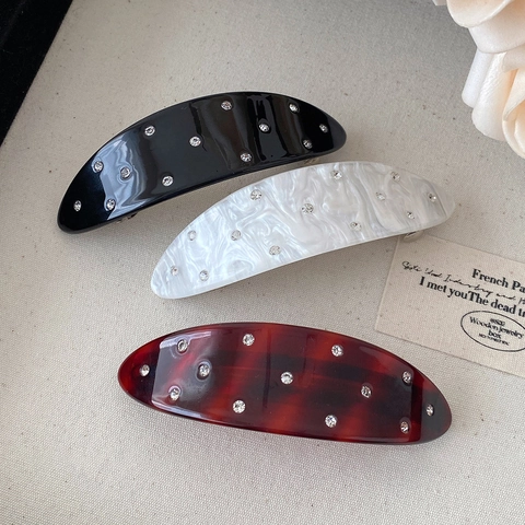 Elegant Acetate Rhinestone Spring Hair Clip For Women Marble Tortoise Elliptical Barrette French Style Hair Accessory