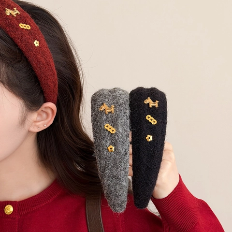 Diadema de Punto de Felpa Vintage para Mujer Dijes de Aleación Dorada Caballo Flor Moneda Banda de Pelo Gruesa Moda
