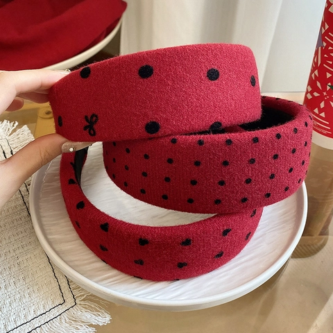 Cerchietto Imbottito Rosso in Stile Coreano con Pois Cuore Fiocco Vintage Fascia per Capelli Larga in Tessuto Donna Moda