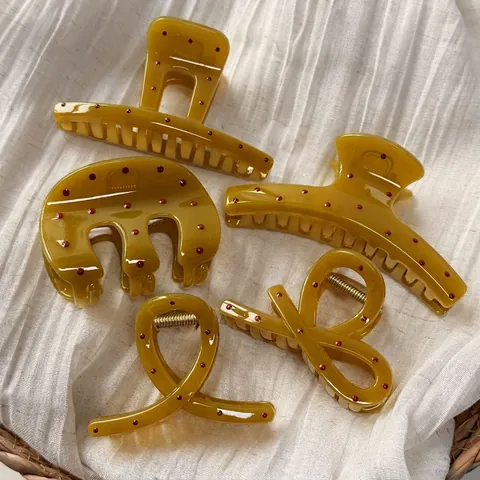 Mustard Yellow Polka Dot Hair Claw Clips For Women Retro PC Plastic Large Shark Clips Hair Styling Accessories Sweet Headwear