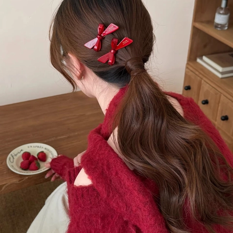 Pince à Cheveux Nœud Rouge Style Français Résine Acétate Pince à Bec de Canard Épingle à Cheveux Élégante pour Femme