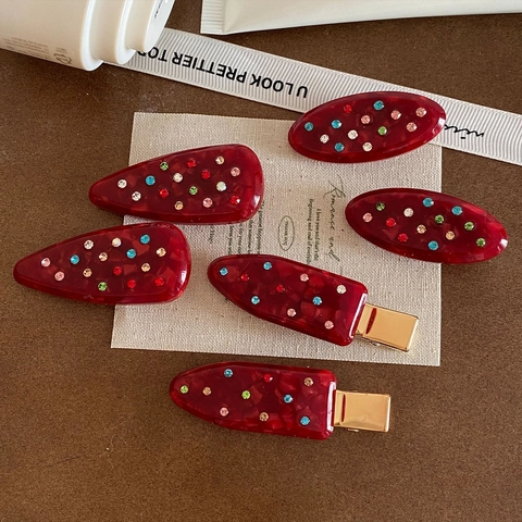 Vintage Dark Red Acetate Rhinestone Hair Clips Sweet Korean Style Bangs Side Clips Elegant Colorful Crystal Hairpins