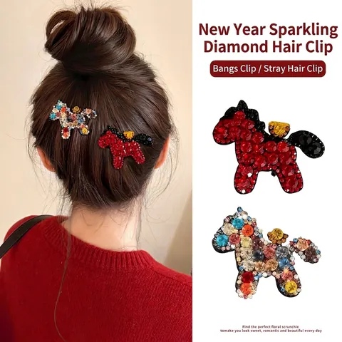 Luxus Strass Besetzte Pony Pferd Geformt Entenschnabel Haarclip Für Damen Funkelndes Tiermuster Seite Pony Haarnadel Zubehör