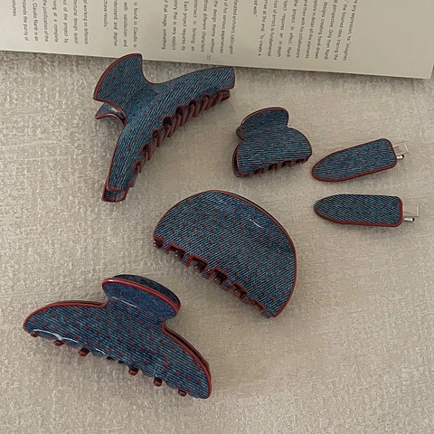 Retro Polka Dot Denim Blue Hair Claw Clip For Women Vintage Cellulose Acetate Large Hair Catch Clip Korean Style Hair Accessories