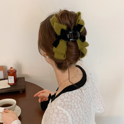 Molletta per Capelli Autunno Inverno Verde Maglia Lana Fiocco Donna Vintage Elegante Grande Clip Squalo Accessori per Capelli
