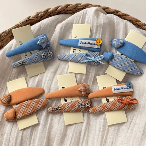 Ensemble de Pinces à Cheveux Enveloppées de Tissu Doux Coréen Vintage Bleu Orange Plaid Étoile Cœur Nœud Femmes Filles Décor