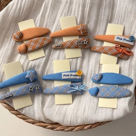 Ensemble de Pinces à Cheveux Enveloppées de Tissu Doux Coréen Vintage Bleu Orange Plaid Étoile Cœur Nœud Femmes Filles Décor