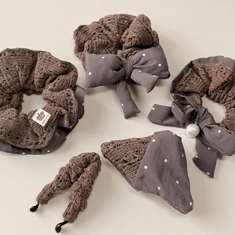 Knitted Polka Dot Bow Scrunchie Vintage Fabric Hair Ties With Artificial Pearl Brown Grey Hair Accessories For Women