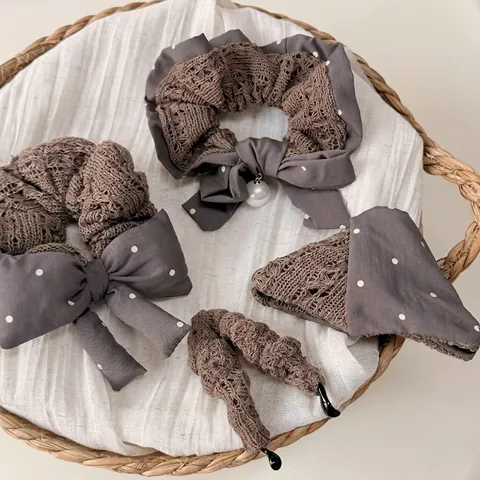 Knitted Polka Dot Bow Scrunchie Vintage Fabric Hair Ties With Artificial Pearl Brown Grey Hair Accessories For Women