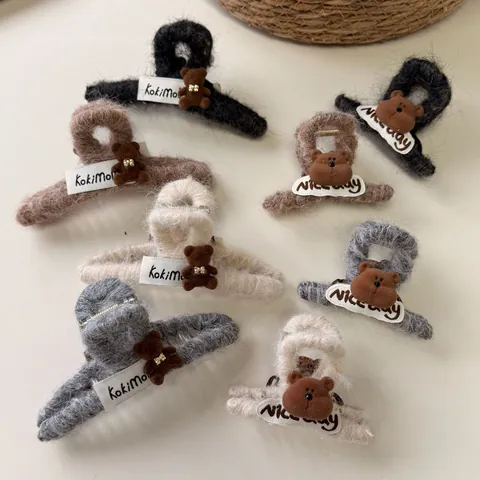 Pinza per Capelli Coreana con Orsetto di Peluche per Donna Autunno Inverno in Pelliccia Sintetica Accessori per Capelli