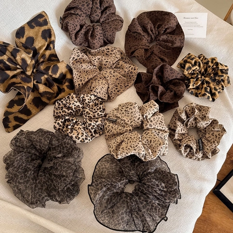 Coletero Vintage con Estampado de Leopardo para Mujer Retro Alta Elasticidad Tela Gasa Satén Lazos para el Pelo Grandes Accesorios de Moda