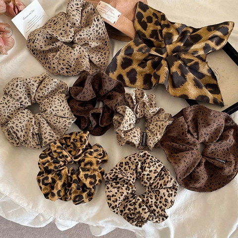 Coletero Vintage con Estampado de Leopardo para Mujer Retro Alta Elasticidad Tela Gasa Satén Lazos para el Pelo Grandes Accesorios de Moda