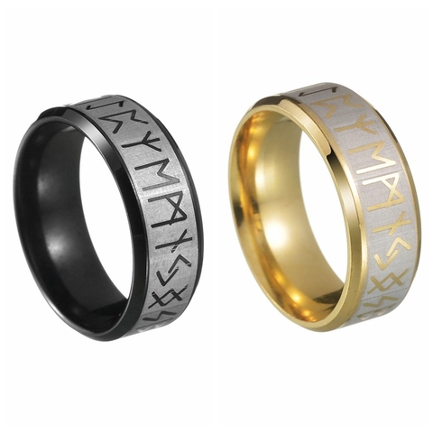 Viking Rune Ring Titanium Staal Noordse Mythologie Retro Band Ring Voor Mannen Vrouwen Vintage Mysterieus Schrift Vergulde Vingerring Sieraden