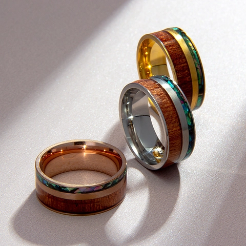 Vintage Wood Inlay Abalone Shell Titanium Steel Ring For Men Fashion Wedding Band Jewelry Birthday Gift Finger Ring