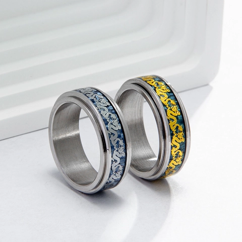 Anello Rotante in Acciaio al Titanio per Uomo Donna Motivo a Dragone Cinese Fibra di Carbonio Blu Anello Anti Stress Gioielli