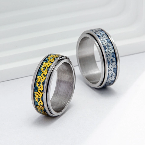 Anello Rotante in Acciaio al Titanio per Uomo Donna Motivo a Dragone Cinese Fibra di Carbonio Blu Anello Anti Stress Gioielli