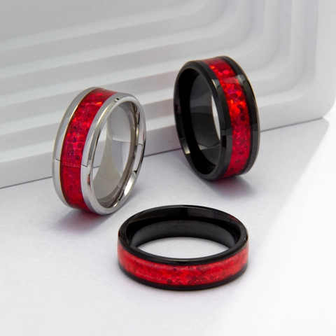 Anello Unisex in Acciaio Inossidabile con Intarsio in Opale Artificiale Rosso Semplice Individuale con Gocciolamento d'Olio