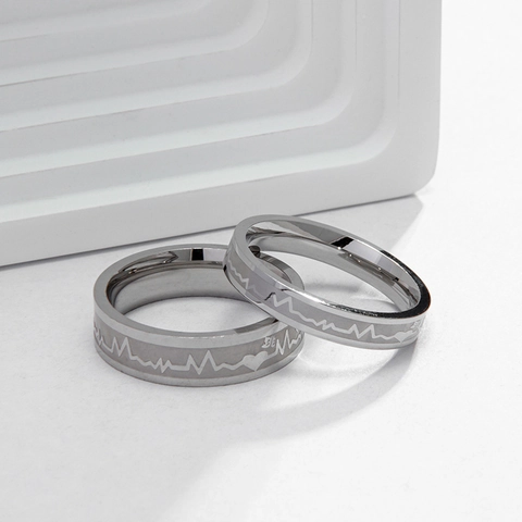 Simple Titanium Steel EKG Heartbeat Ring For Couples Valentine Day Gift Heart Pattern Polished Band Jewelry Finger Ring