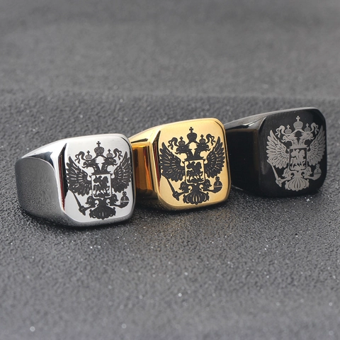 Men Titanium Steel Double Headed Eagle Signet Ring Vintage Electroplated Russian Emblem Punk Band Ring For Men Jewelry Gift