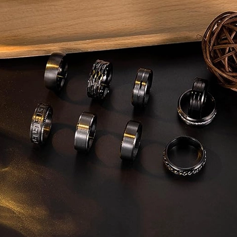 Anello Spinner in Acciaio al Titanio per Uomo Donna Antistress Ansia Fascia Intarsiata con Zirconia Spazzolata Motivo a Meandro Gioielli di Moda